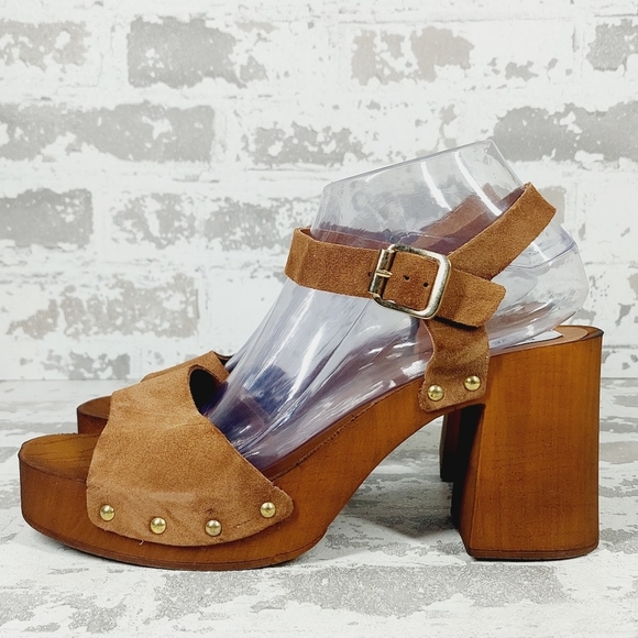 NEW Steve Madden Alabama Platform Brown Suede Wooden Studded Sandals 133 - Picture 1 of 12